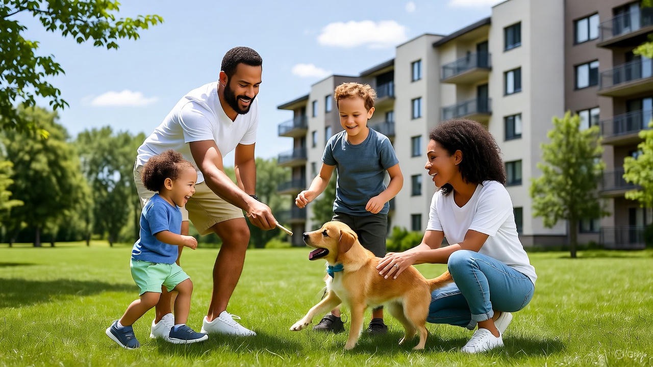 Family playing with dog in front of apartments